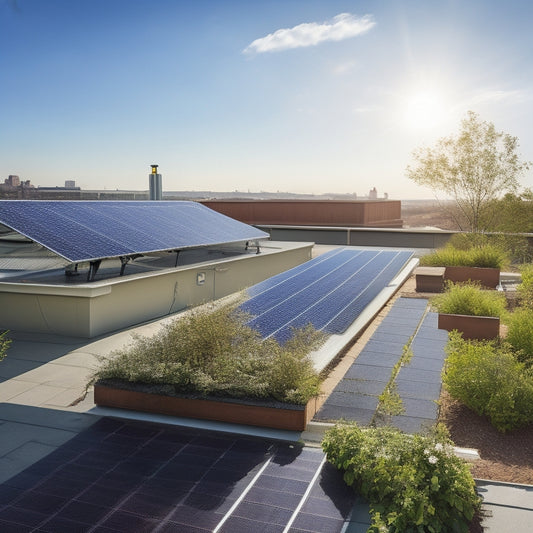 A sunny rooftop with a row of sleek solar panels, one of which is partially dirty, with a few leaves and dust particles visible; a bucket, hose, and soft-bristled brush nearby.