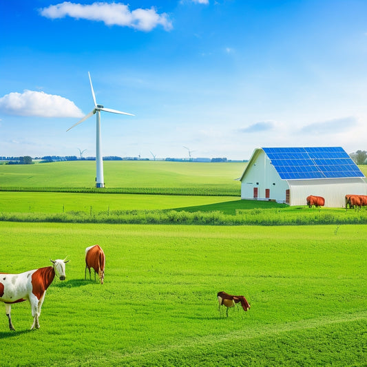 A serene rural landscape with a red barn, wind turbines, and solar panels, surrounded by lush green fields and a few grazing cows, under a bright blue sky with puffy white clouds.