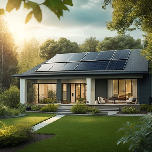 A serene suburban home with a sloping roof, surrounded by lush greenery, featuring a sleek solar panel installation with shiny black frames and silver mounting racks.