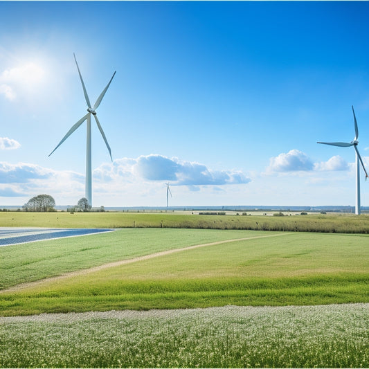 A serene landscape with a broken chain-link fence in the foreground, giving way to a sprawling green meadow dotted with wind turbines, solar panels, and a few trees, under a bright blue sky with fluffy white clouds.