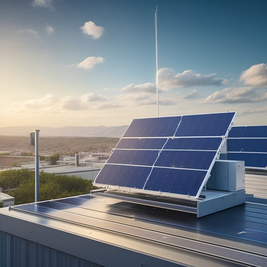 A futuristic, minimalist illustration of a rooftop solar panel array connected to a sleek, modern inverter, with efficiency ratings and electrical symbols subtly integrated into the design.