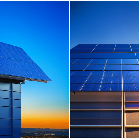 A split-screen image featuring a sleek, black solar panel array on a rooftop against a bright blue sky on one side, and a modern, compact battery storage unit with glowing blue LED lights on the other.