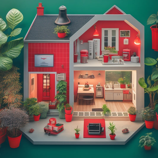 An illustration of a cozy, well-lit home with a slashed red utility bill on the floor, surrounded by energy-efficient appliances, LED bulbs, and a thermostat, amidst a green background with leaves and vines.