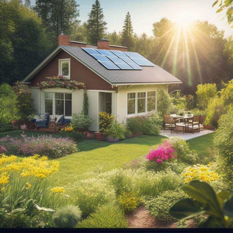 A bright, sunlit home surrounded by lush greenery, solar panels on the roof, a wind turbine in the background, and a vibrant garden with bees and butterflies, symbolizing sustainable energy and a healthy environment.