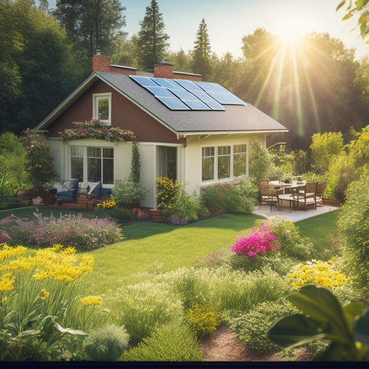 A bright, sunlit home surrounded by lush greenery, solar panels on the roof, a wind turbine in the background, and a vibrant garden with bees and butterflies, symbolizing sustainable energy and a healthy environment.