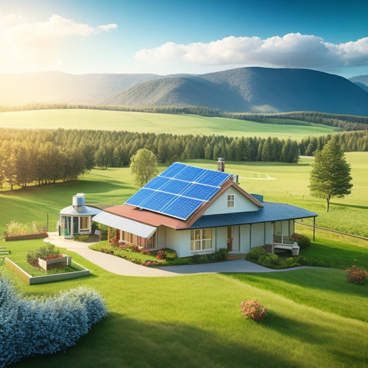 An illustration of a house surrounded by a lush green landscape, with solar panels on the roof, a wind turbine in the distance, and a battery bank with connecting wires in the foreground.