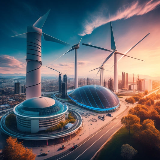 A futuristic illustration of a sustainable cityscape with sleek, modern buildings and wind turbines in the background, featuring a large, glowing battery at the center, surrounded by swirling energy lines.
