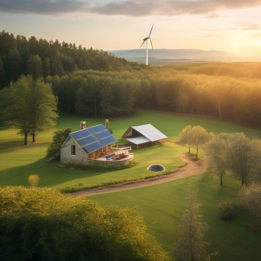 A serene landscape with a wind turbine, solar panels, and a green-roofed house amidst lush trees, surrounded by a subtle glow, conveying a sense of eco-friendly harmony and sustainability.