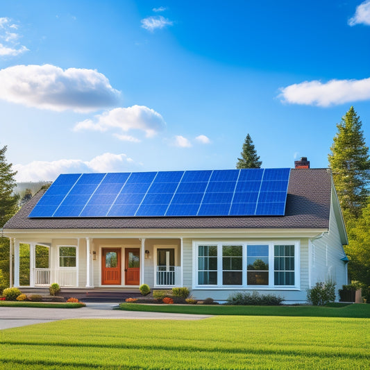 A serene suburban home with solar panels installed on its rooftop, accompanied by a sleek battery system on the side of the house, amidst a picturesque landscape with fluffy white clouds and a bright blue sky.