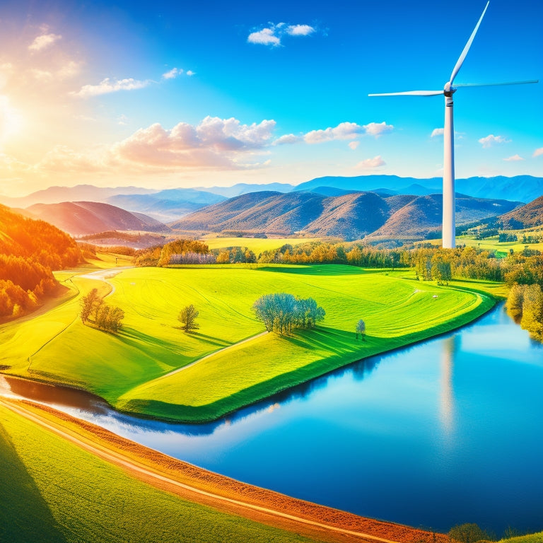 A vibrant landscape featuring wind turbines on rolling hills, solar panels glistening under a bright sun, and a clear blue sky, with lush green trees and a flowing river symbolizing harmony between nature and renewable energy.