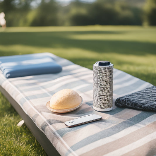 A modern, sleek external power bank rests on a vibrant picnic blanket, surrounded by a smartphone, wireless earbuds, and a laptop, with a scenic park in the background showcasing lush greenery and soft sunlight.