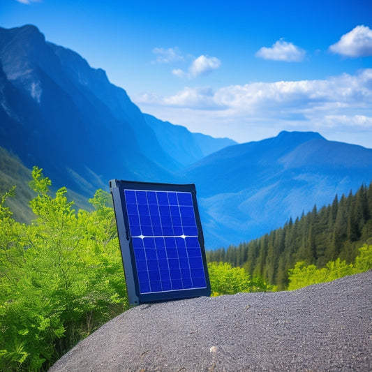 A portable solar panel charger with a sleek, black frame and silver trim, angled on a rocky mountain trail, surrounded by lush greenery and a sunny blue sky.