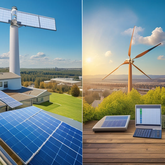 A split-screen image: a residential rooftop with solar panels and a wind turbine, juxtaposed with a spreadsheet or calculator surrounded by coins and energy bills.