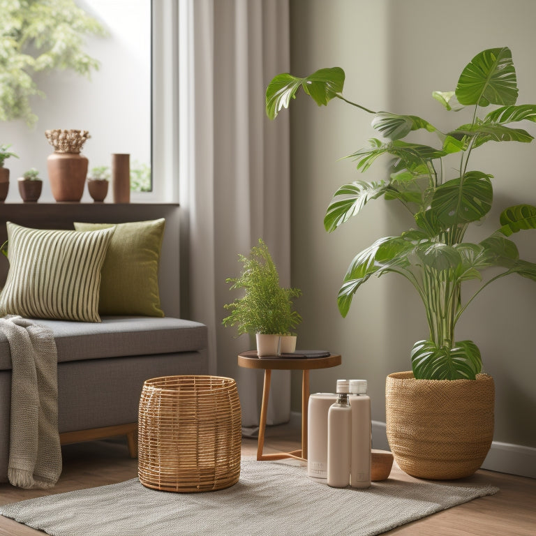 A serene living room with a lush green plant on a wooden side table, surrounded by eco-friendly products: a reusable water bottle, a bamboo toothbrush, and a compact recycling bin.