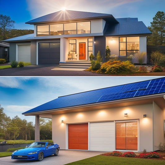 A split-screen image featuring a modern home with solar panels on the roof and a sleek, compact home battery storage system in the garage, contrasted with a cluttered, outdated electrical panel.