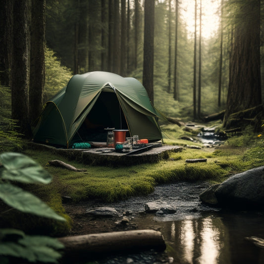 A serene forest campsite featuring essential off-grid gear: a sturdy tent, portable solar panel, compact cooking stove, durable backpack, water filtration system, and cozy sleeping bag, all surrounded by lush greenery and a tranquil stream.