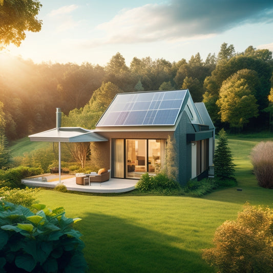 A serene, modern home surrounded by lush greenery, with a rooftop solar panel array, a small wind turbine, and a compact battery bank visible through a large window.