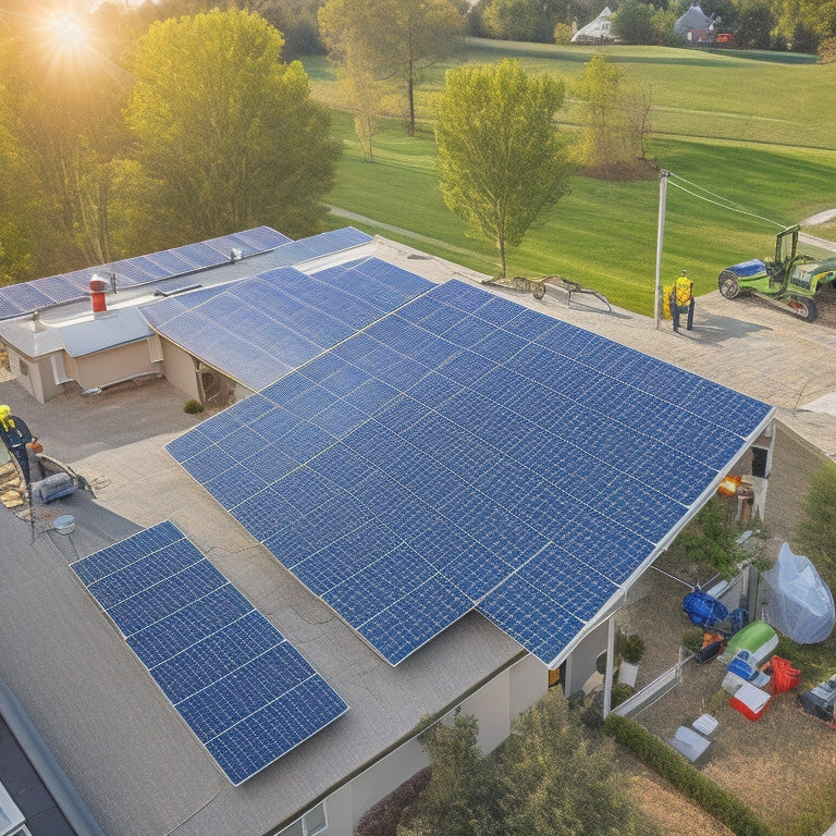 Aerial view of a house with solar panels being installed on the roof by workers in safety gear, with tools and equipment scattered around, and a crane lifting a panel in the background.