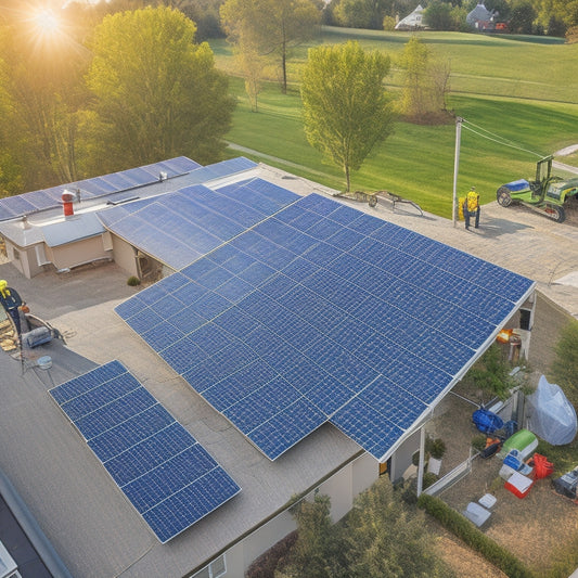 Aerial view of a house with solar panels being installed on the roof by workers in safety gear, with tools and equipment scattered around, and a crane lifting a panel in the background.