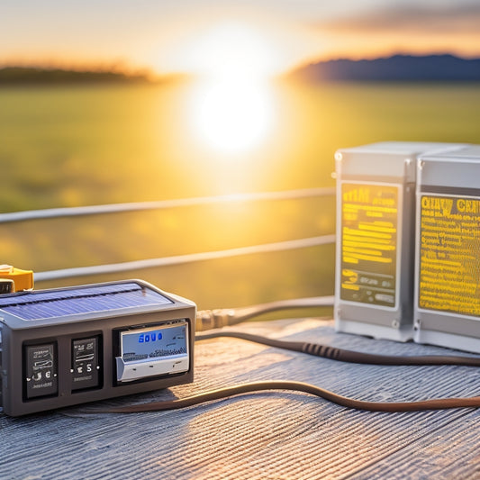 A detailed close-up of a 12V solar charge controller, showcasing its digital display and wiring connections, surrounded by solar panels and a deep cycle battery, with soft sunlight illuminating the scene.