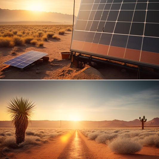 Illustrate a split-screen image: a solar panel in a cool, misty morning environment with dew droplets, versus the same panel in a scorching desert with heat waves and a haze of warmth.