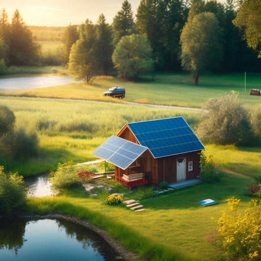 A serene rural landscape with a small cabin, surrounded by lush greenery, featuring a rooftop solar panel array, a battery bank, and an inverter, connected to a water pump and irrigation system.