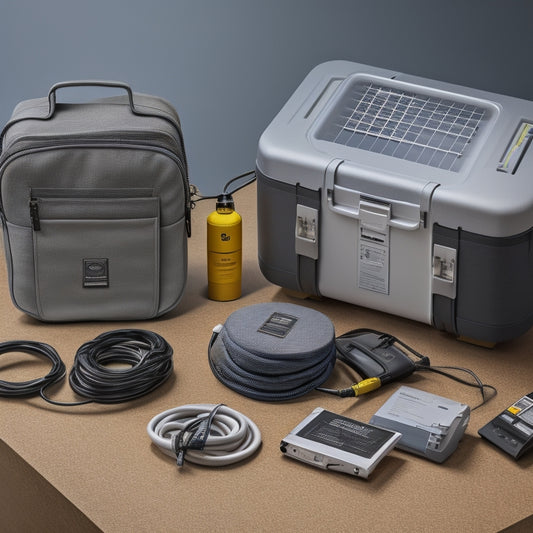 A clutter-free workspace with a portable power installation kit, featuring a compact inverter, cables, and wires organized in a carrying case, set against a clean, light-gray background.