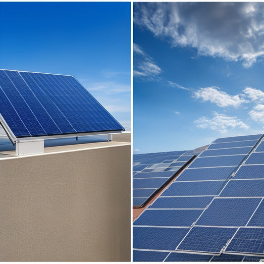 A split-screen image: a rooftop with a grid of sleek, black solar panels on one side, and a wall-mounted battery bank with shiny, metallic units on the other, set against a bright blue sky.