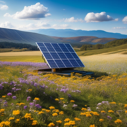 A serene landscape featuring a modern solar panel array on a sunny hillside, with sleek, high-capacity backup batteries positioned nearby, surrounded by blooming wildflowers and a clear blue sky, emphasizing renewable energy harmony.