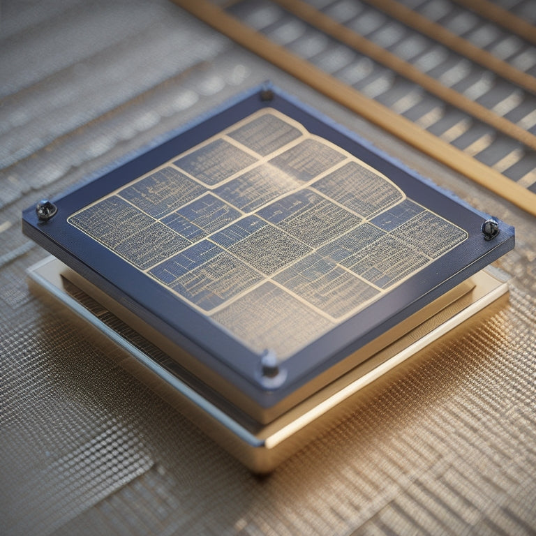 A photorealistic illustration of a solar cell's inner workings, showcasing a grid of tiny photovoltaic squares, metallic wires, and silicon wafers, bathed in soft, warm light, with subtle circuitry patterns.