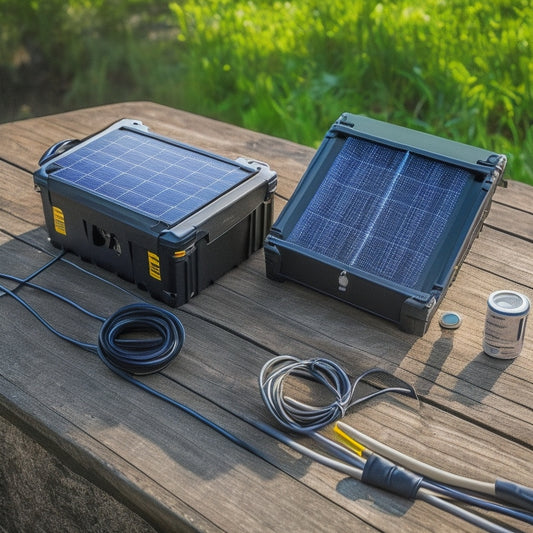 A DIY solar kit with a sleek, black, 12V 200Ah deep cycle battery at its center, surrounded by neatly arranged solar panels, wires, and a charge controller on a wooden workbench.