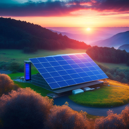 A futuristic, sleek solar panel array on a hillside, connected to a large, modern battery bank with glowing blue circuits, surrounded by lush greenery and a subtle sunset glow.