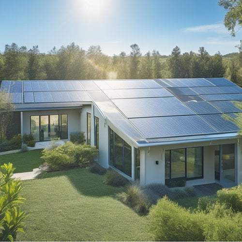 A modern home with gleaming metal solar roofs, surrounded by lush greenery, sunlight reflecting off the panels, energy-efficient features visible, and a clear blue sky in the background, showcasing innovation and sustainability.