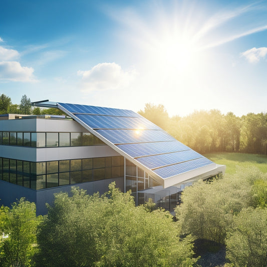 A sunlit office building with sleek, silver solar panels installed on the rooftop, surrounded by lush greenery and a clear blue sky with a few wispy clouds.