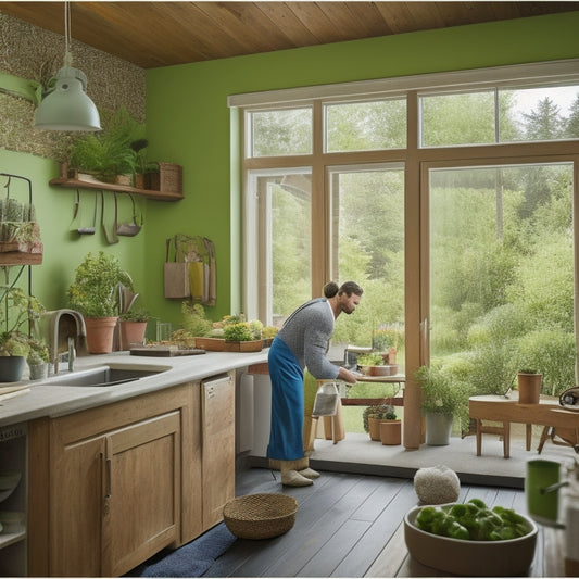 A cozy home interior showing eco-friendly insulation materials like cellulose and wool being installed, natural light streaming through windows, a green garden visible outside, tools neatly arranged, and a worker in a green apron focused on the task.