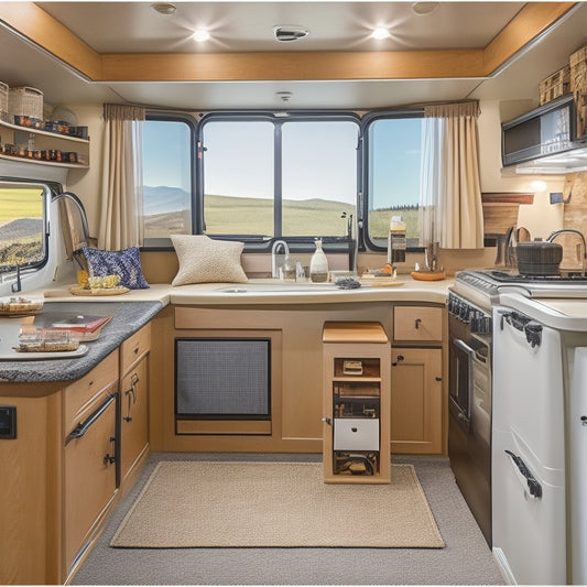 A clutter-free, well-organized RV interior with a mix of components and tools, including solar panels, batteries, chargers, inverters, and cables, arranged in a visually appealing way.