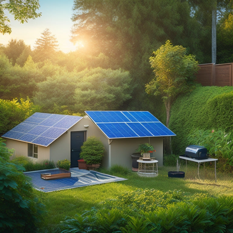 A serene backyard scene with a DIY solar panel installation on a rooftop, surrounded by lush greenery, with a few tools and a solar panel kit box in the foreground.