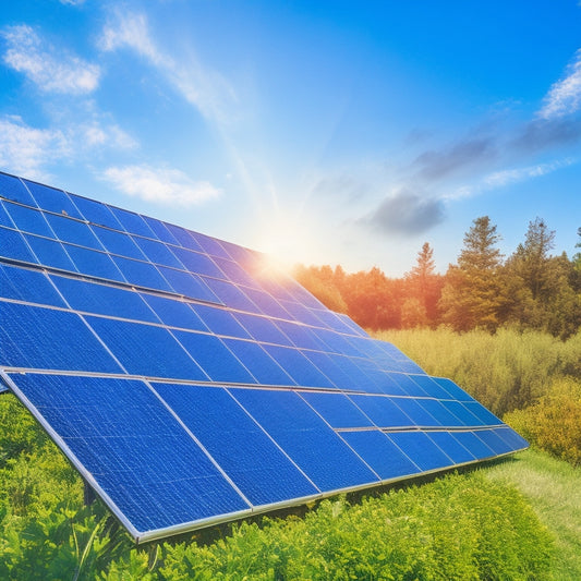 An image depicting a solar panel array with white bird droppings streaked across the dark blue photovoltaic cells, surrounded by lush greenery and a clear blue sky with a few wispy clouds.