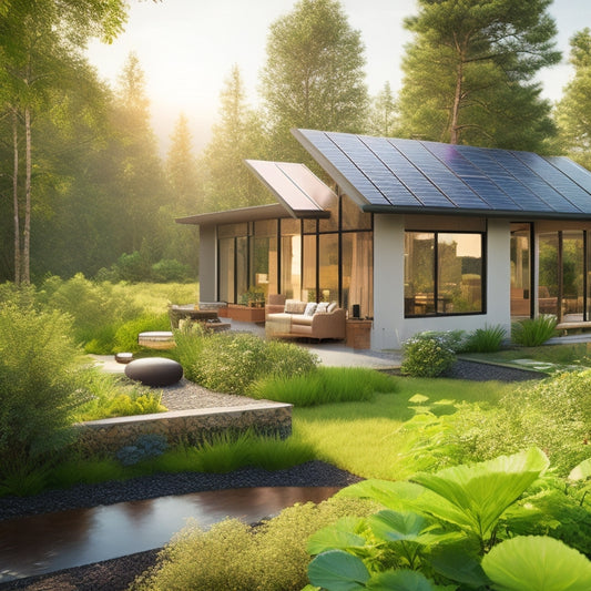 A serene, modern eco-friendly home with a small footprint, surrounded by lush greenery, featuring large windows, solar panels, and a living roof, set against a warm, sunny background.