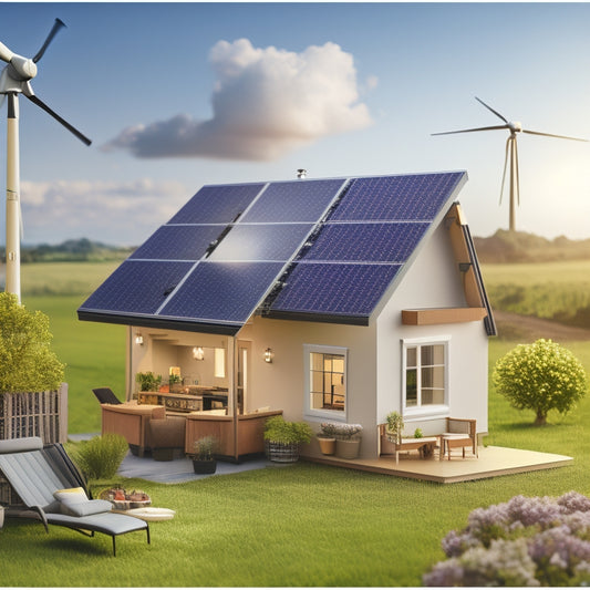A split-screen illustration featuring a small, cozy home with a rooftop solar panel array on one side, and a compact, modern battery bank with a miniature wind turbine on the other.