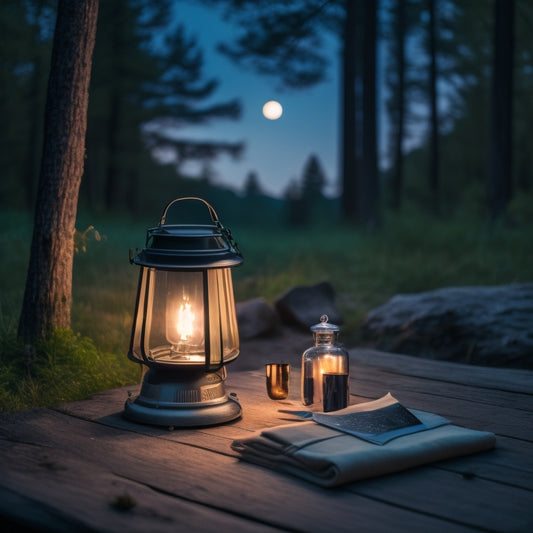 A serene night scene featuring a glowing portable solar lantern on a wooden picnic table, surrounded by a dark forest, with twinkling stars above and a faint silhouette of camping gear in the background.