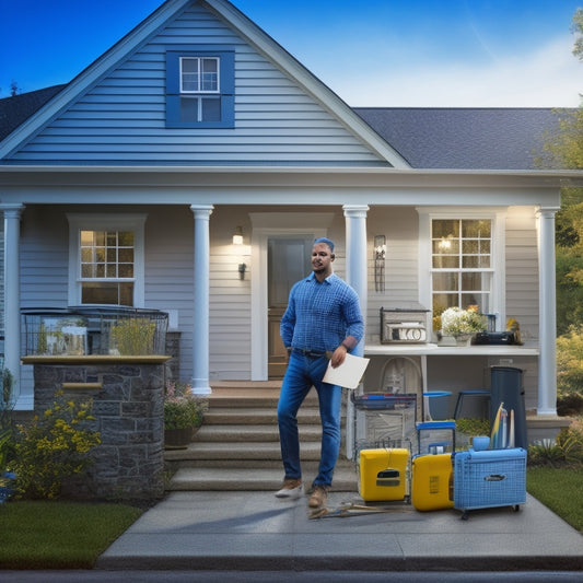 A illustration of a person holding a clipboard and pencil, standing in front of a house with open doors and windows, surrounded by tools, meters, and a ladder, amidst a background of energy-efficient appliances.