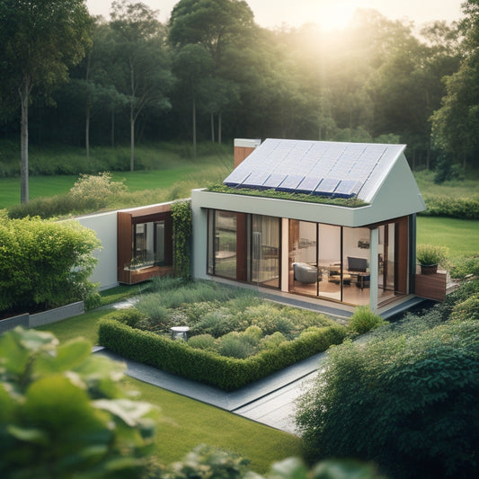 A serene, modern home surrounded by lush greenery, with a rooftop solar panel array, a compact wind turbine, and a vertical garden, conveying self-sufficiency and eco-friendliness.