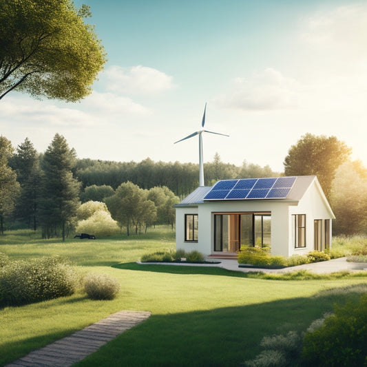 A serene landscape with a small, modern house surrounded by lush greenery, featuring a sleek solar panel roof, a wind turbine in the distance, and a bright sunny sky with fluffy white clouds.