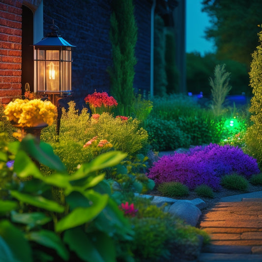 A vibrant garden at dusk, showcasing various sleek modern solar lights: elegant lanterns, minimalist path lights, and decorative wall fixtures, all casting soft, warm glows on lush greenery and colorful flowers.