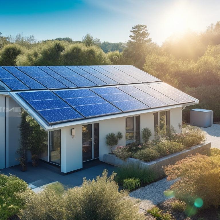 A sleek rooftop solar panel array glistens under a bright sun, connected to a modern battery pack in a lush green backyard, with vibrant plants and a clear blue sky enhancing the eco-friendly ambiance.