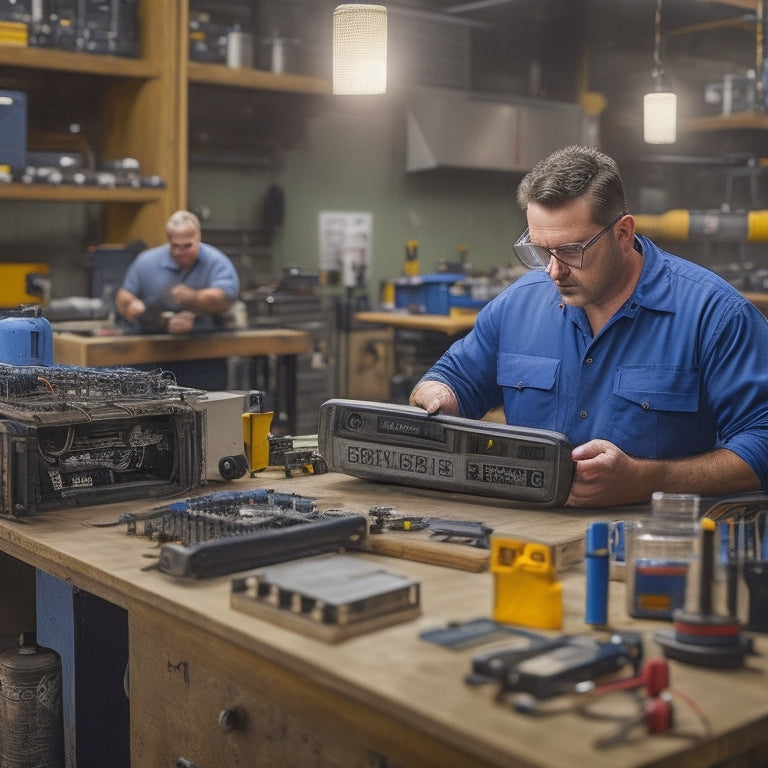 An organized workshop scene showing a beginner technician inspecting a fuel cell, surrounded by tools like multimeters, wrenches, and safety goggles, with a clear view of a fuel cell diagram on a workbench.