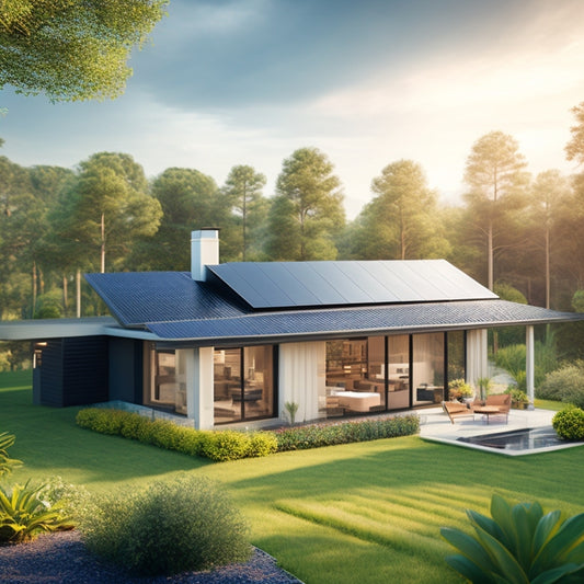 A serene, modern, single-story home with a sloping roof, surrounded by lush greenery, featuring large, sleek, black solar panels installed on the roof, angled towards the sky.