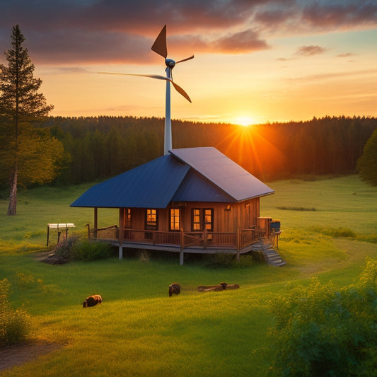 A serene off-grid homestead at dawn, surrounded by lush greenery, with a rustic wooden cabin, a wind turbine, and a solar panel array on the roof, casting a warm golden light.