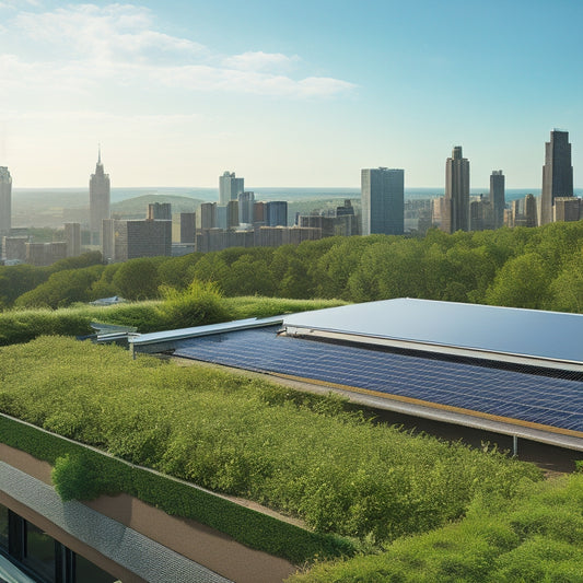Illustrate a modern, sloping green roof with lush vegetation, featuring three distinct solar panel mounting systems: a flush-mounted array, a raised rack system, and a ballasted setup, amidst a serene urban skyline.